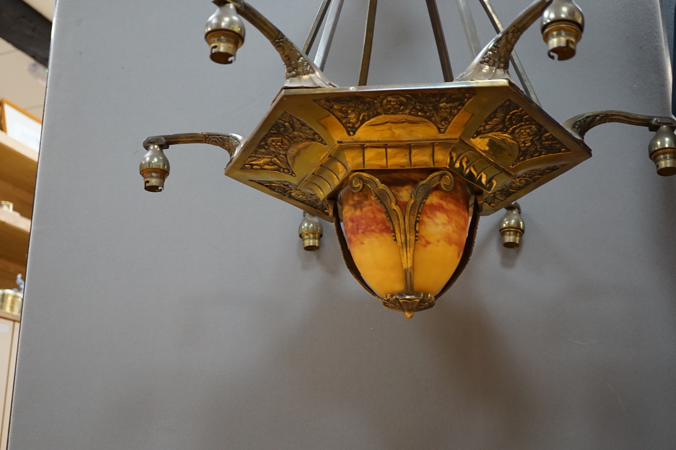 A French Art Deco hanging brass electrolier with Verre Deross mottled glass shade. Condition - good, untested